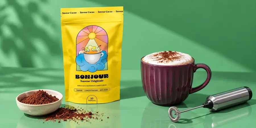 Bonjour Drink mit einer Tasse Milchschaum, Milchaufschäumer und Kakao