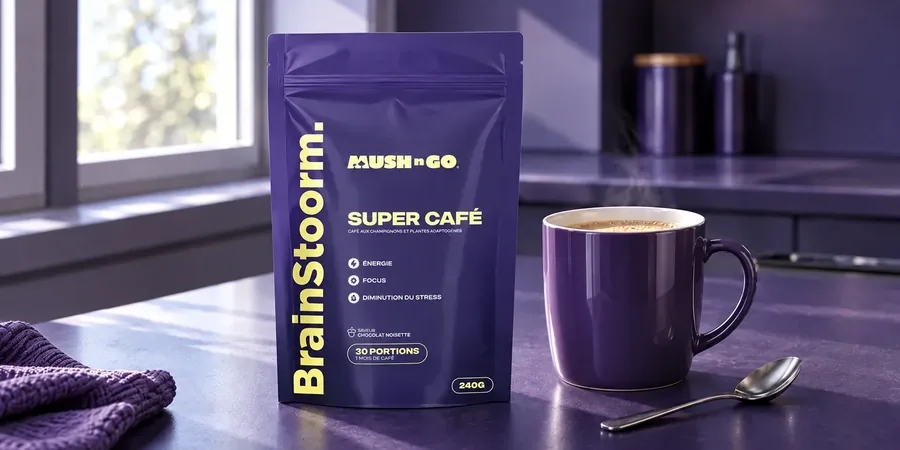 Brainstoorm von Mush N Go mit einer violetten Tasse in der Küche