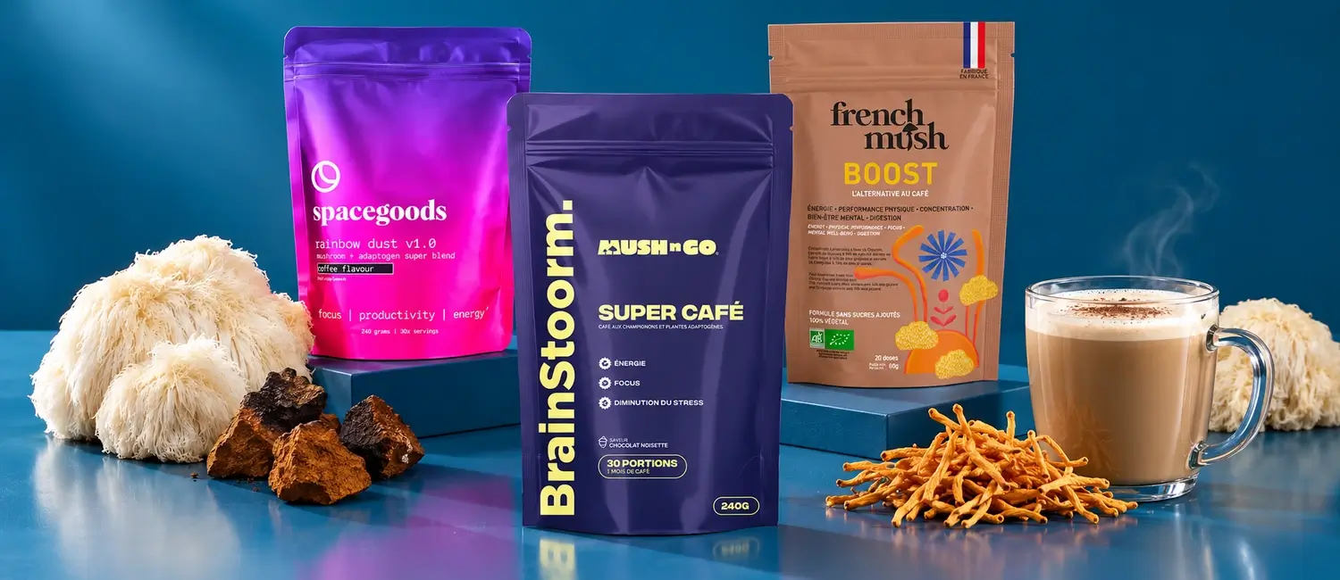 Brainstoorm, Spacegoods Rainbow Dust und French Mush Boisson Boost mit Lion’s Mane, Chaga, Cordyceps und einer Tasse Pilzkaffee