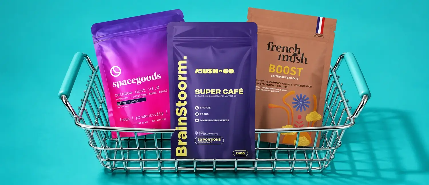 Brainstoorm, Spacegoods Rainbow Dust und French Mush Boisson Boost in einem Einkaufskorb
