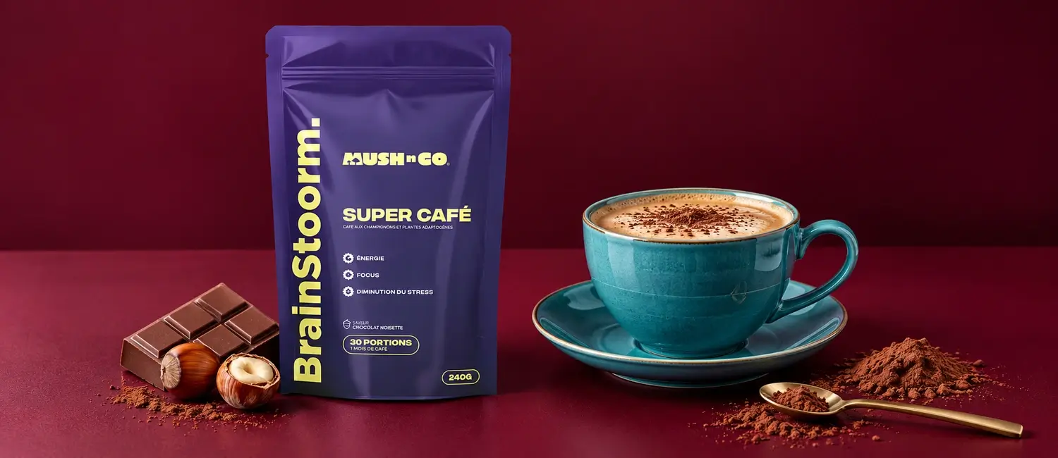Brainstoorm von Mush N Go mit einer Tasse auf Untertasse, Kakaopulver, Schokolade und Haselnüssen