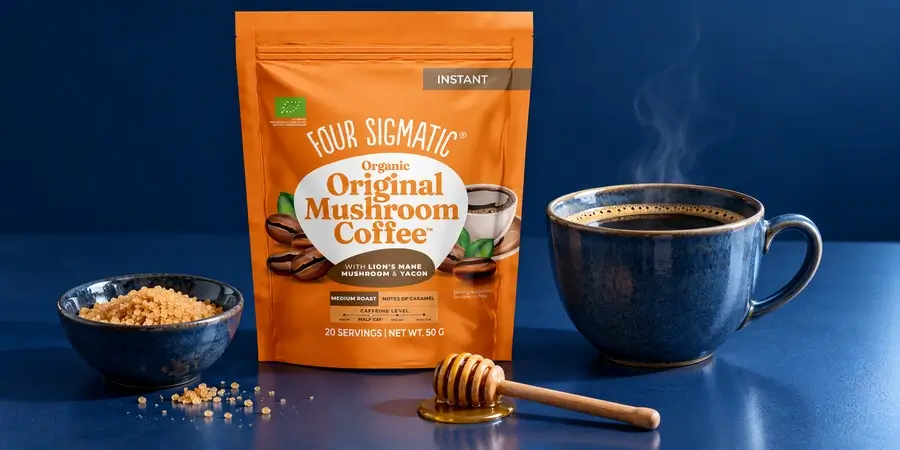 Four Sigmatic Original Mushroom Coffee mit einer Tasse Kaffee, Rohrzucker und Honig