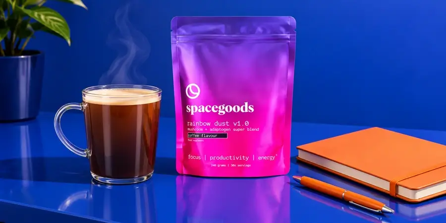 Spacegoods Rainbow Dust mit Tasse und Notizbuch auf einem Schreibtisch