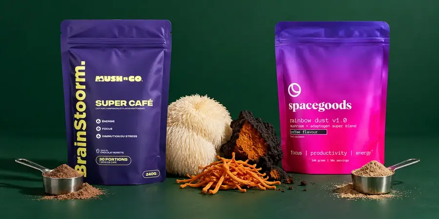 Brainstoorm und Spacegoods Rainbow Dust mit Messlöffeln, Lion’s Mane, Chaga und Cordyceps